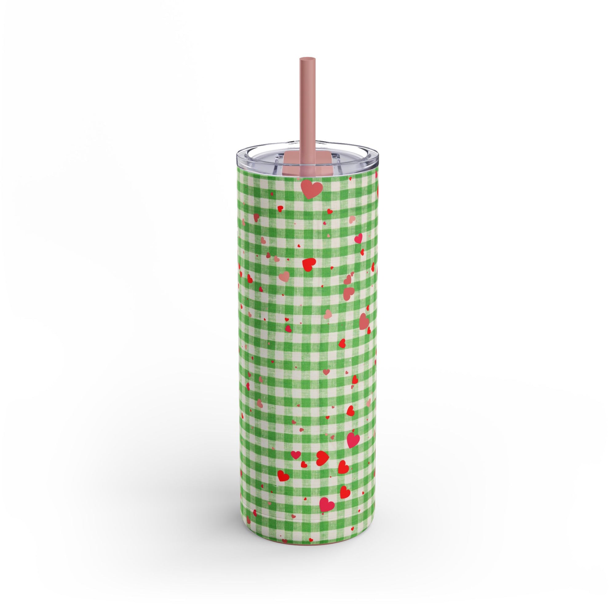 Charming Green Gingham Tumbler with Hearts, 20oz | Perfect for Gifts, Picnics, and Everyday Hydration