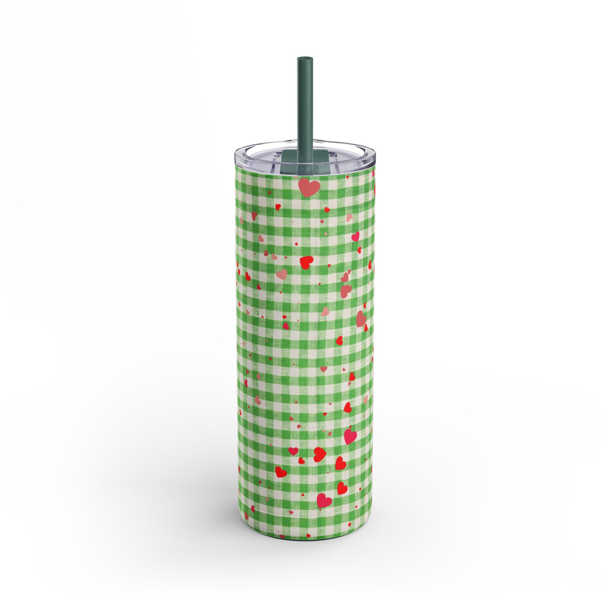 Charming Green Gingham Tumbler with Hearts, 20oz | Perfect for Gifts, Picnics, and Everyday Hydration