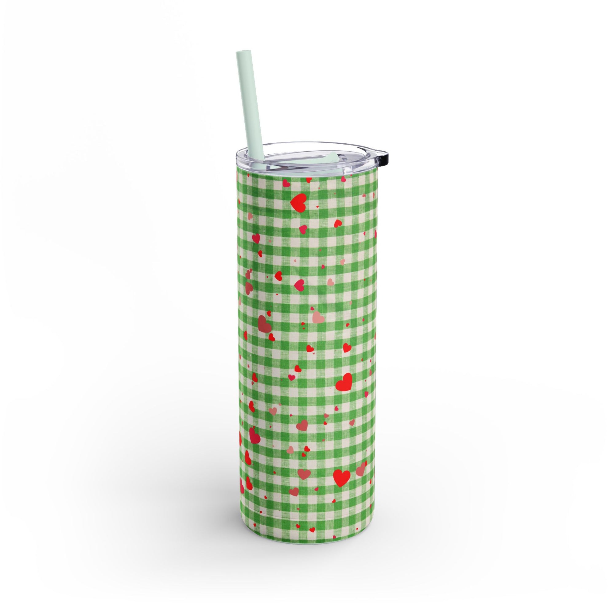 Charming Green Gingham Tumbler with Hearts, 20oz | Perfect for Gifts, Picnics, and Everyday Hydration