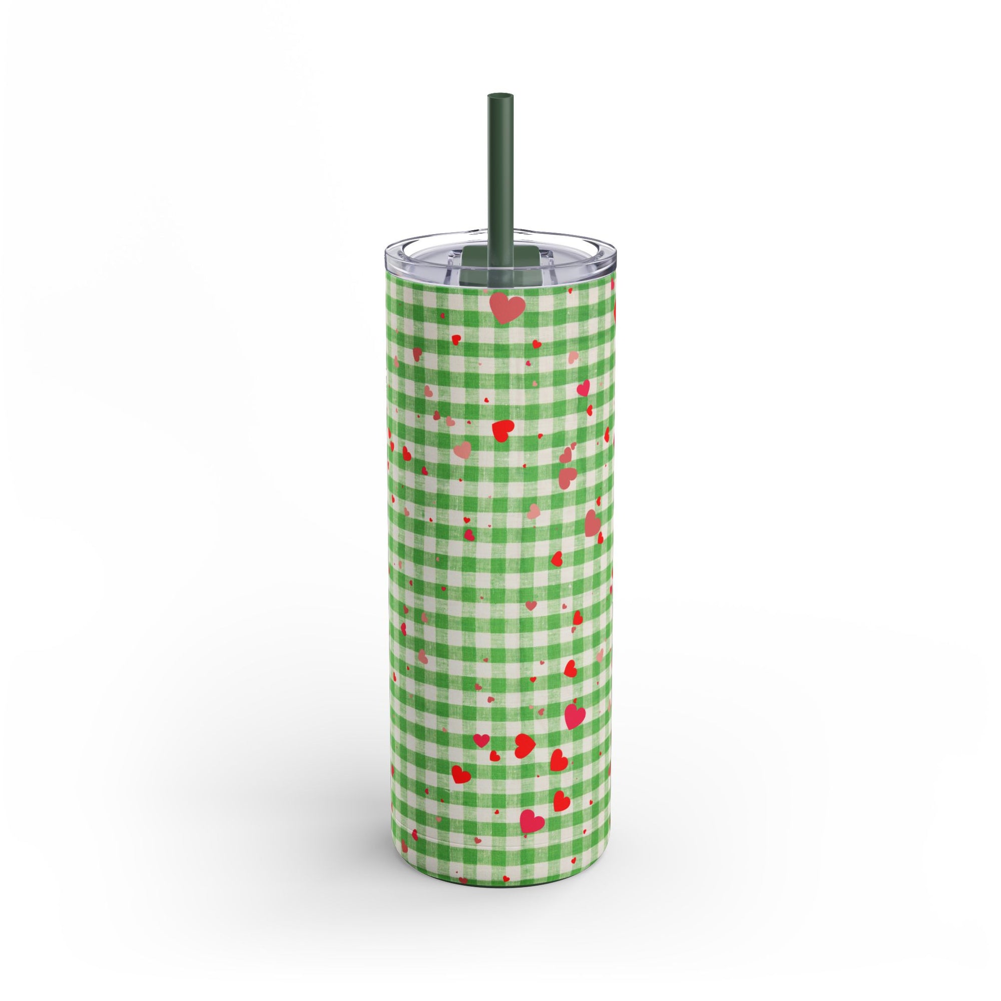 Charming Green Gingham Tumbler with Hearts, 20oz | Perfect for Gifts, Picnics, and Everyday Hydration
