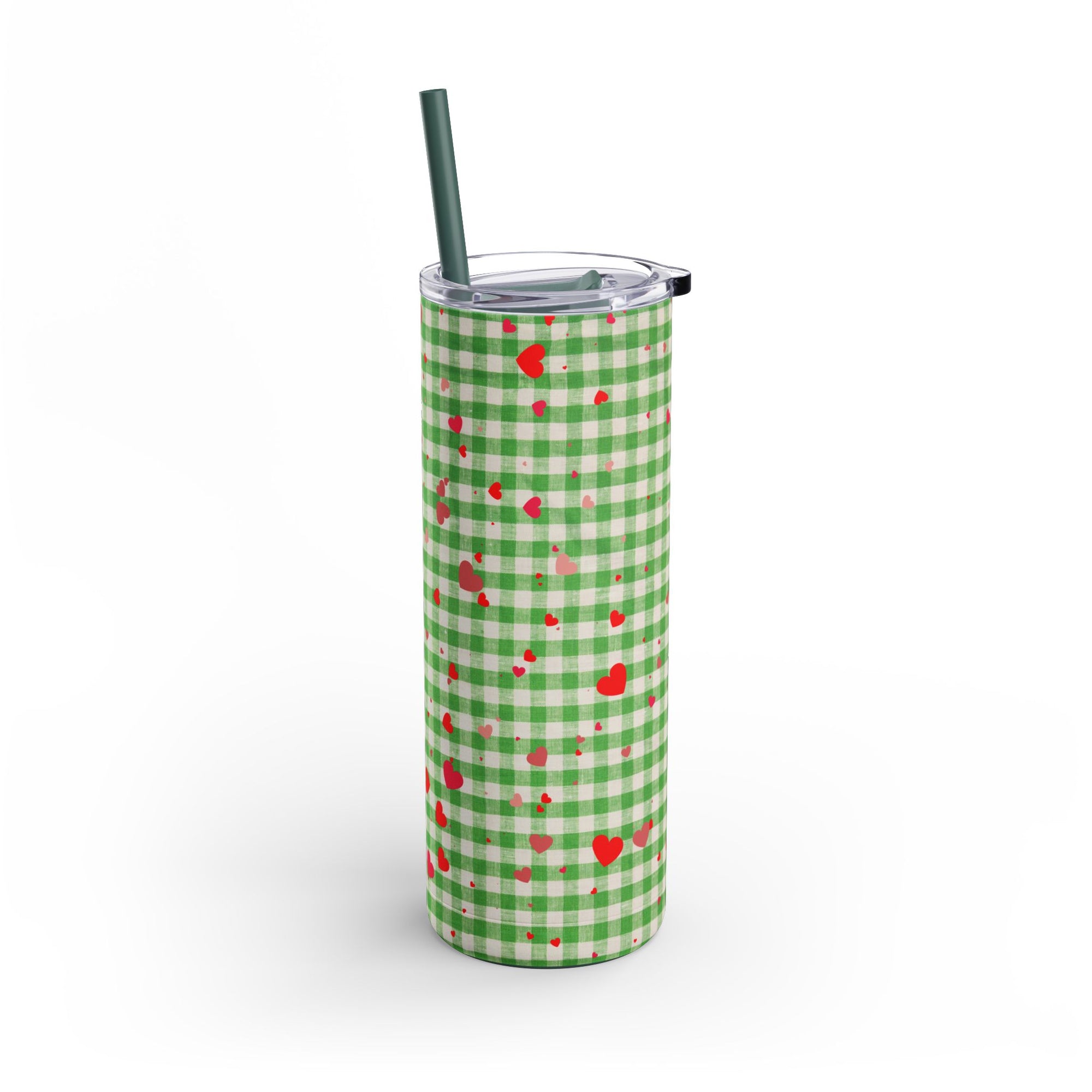 Charming Green Gingham Tumbler with Hearts, 20oz | Perfect for Gifts, Picnics, and Everyday Hydration