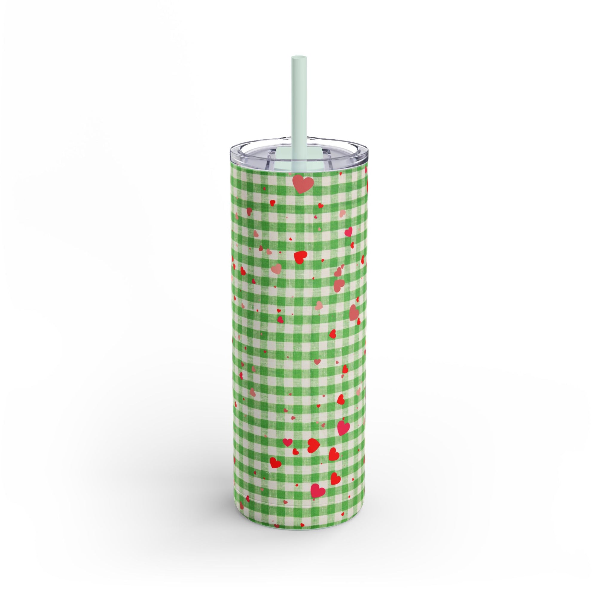 Charming Green Gingham Tumbler with Hearts, 20oz | Perfect for Gifts, Picnics, and Everyday Hydration
