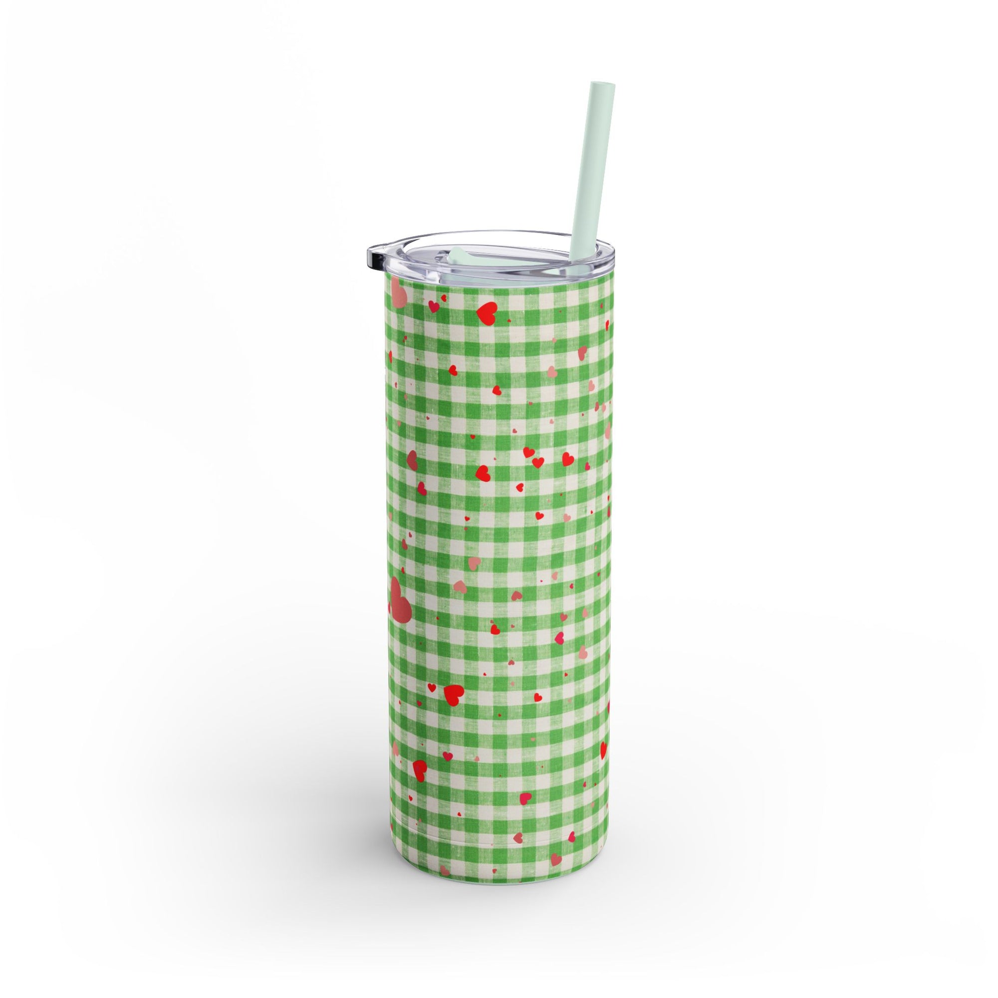 Charming Green Gingham Tumbler with Hearts, 20oz | Perfect for Gifts, Picnics, and Everyday Hydration