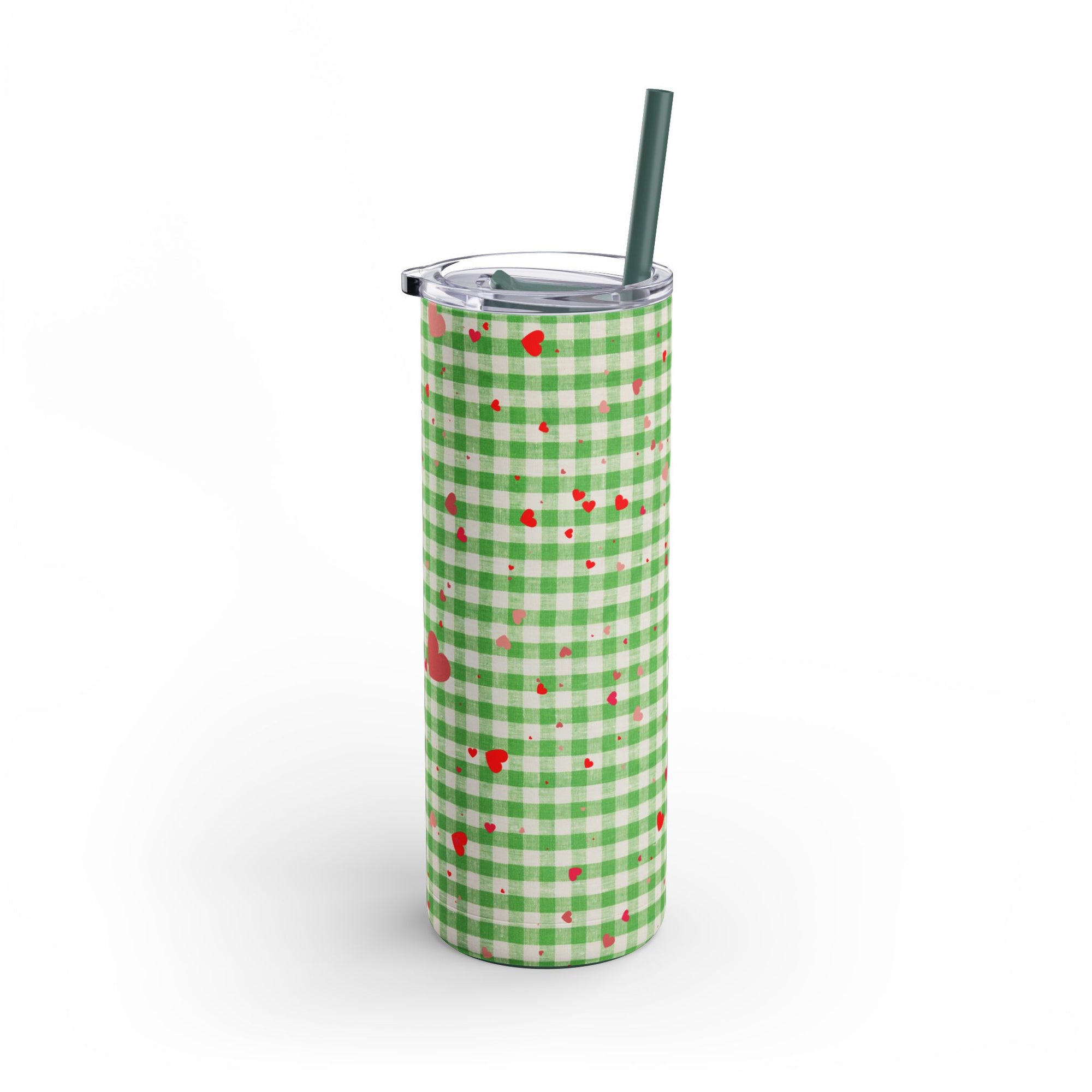 Charming Green Gingham Tumbler with Hearts, 20oz | Perfect for Gifts, Picnics, and Everyday Hydration