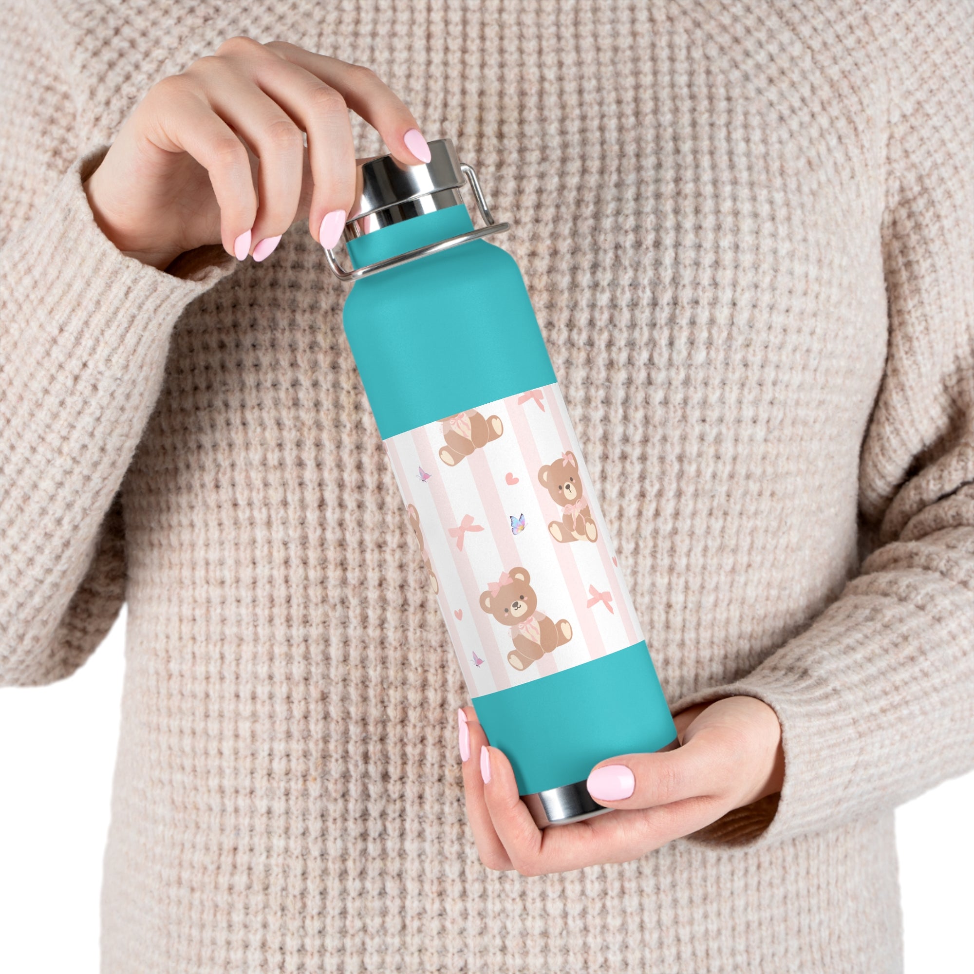 Copper Vacuum Insulated Bottle With Teddy Bear Design, 22oz