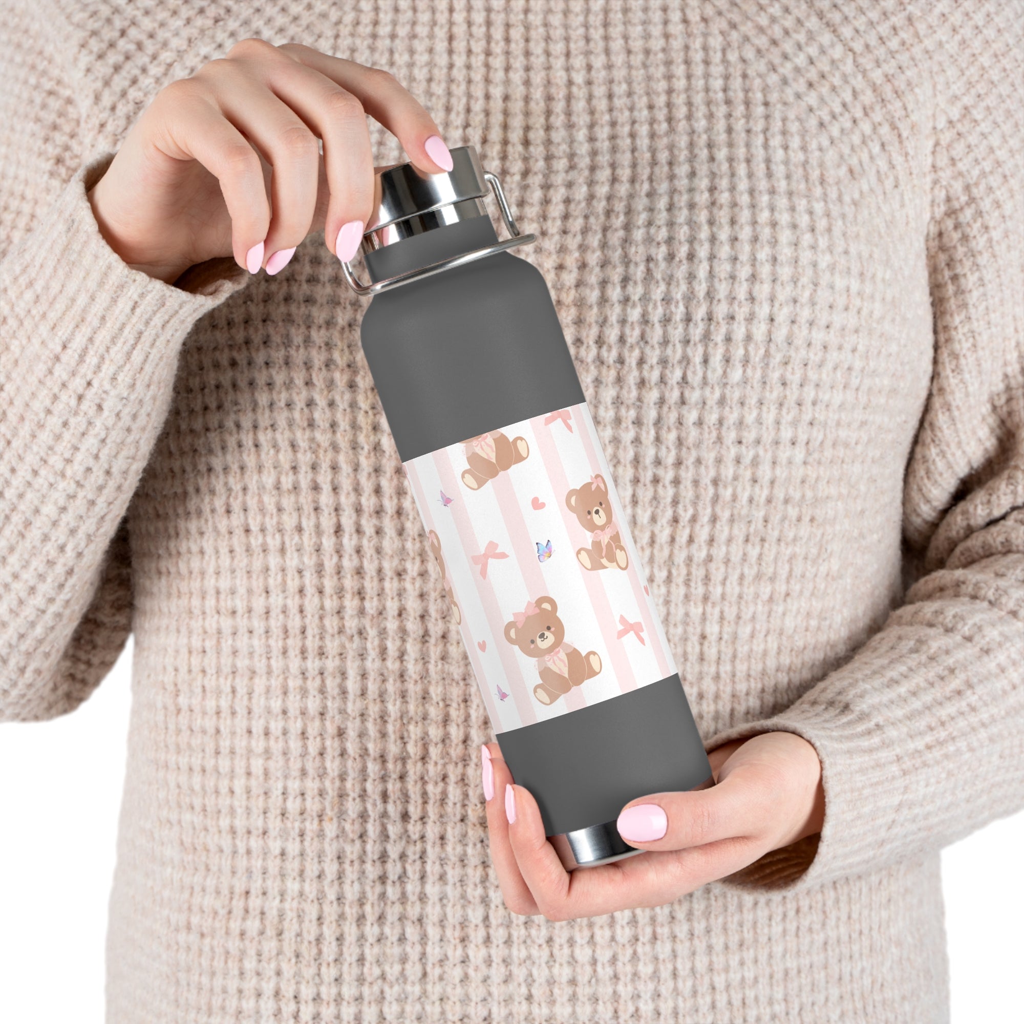Copper Vacuum Insulated Bottle With Teddy Bear Design, 22oz