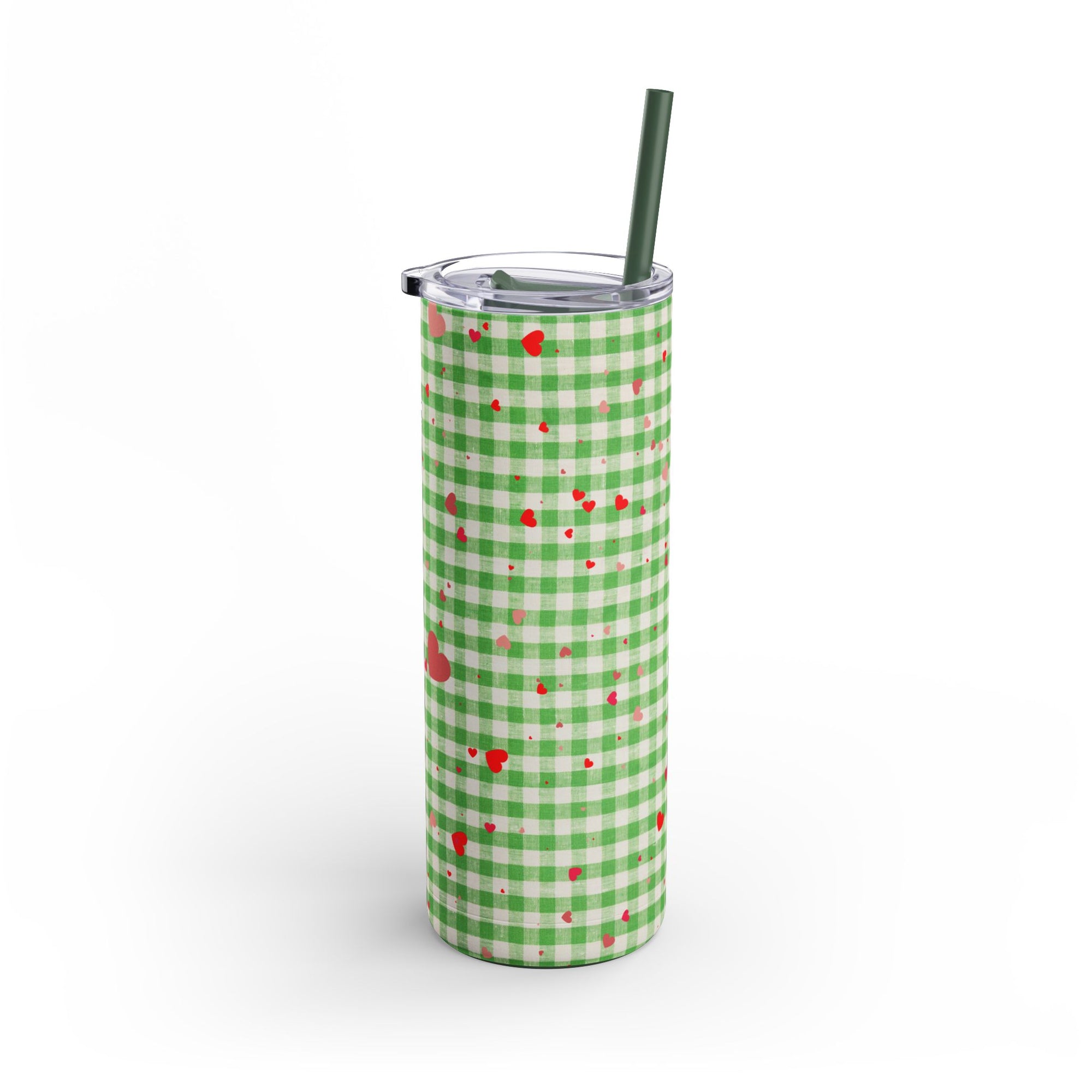 Charming Green Gingham Tumbler with Hearts, 20oz | Perfect for Gifts, Picnics, and Everyday Hydration